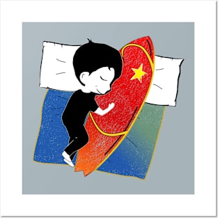 Boy sleeping with surf board Posters and Art